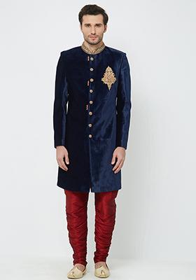 Navy Blue Embroidered Silk Sherwani for Men