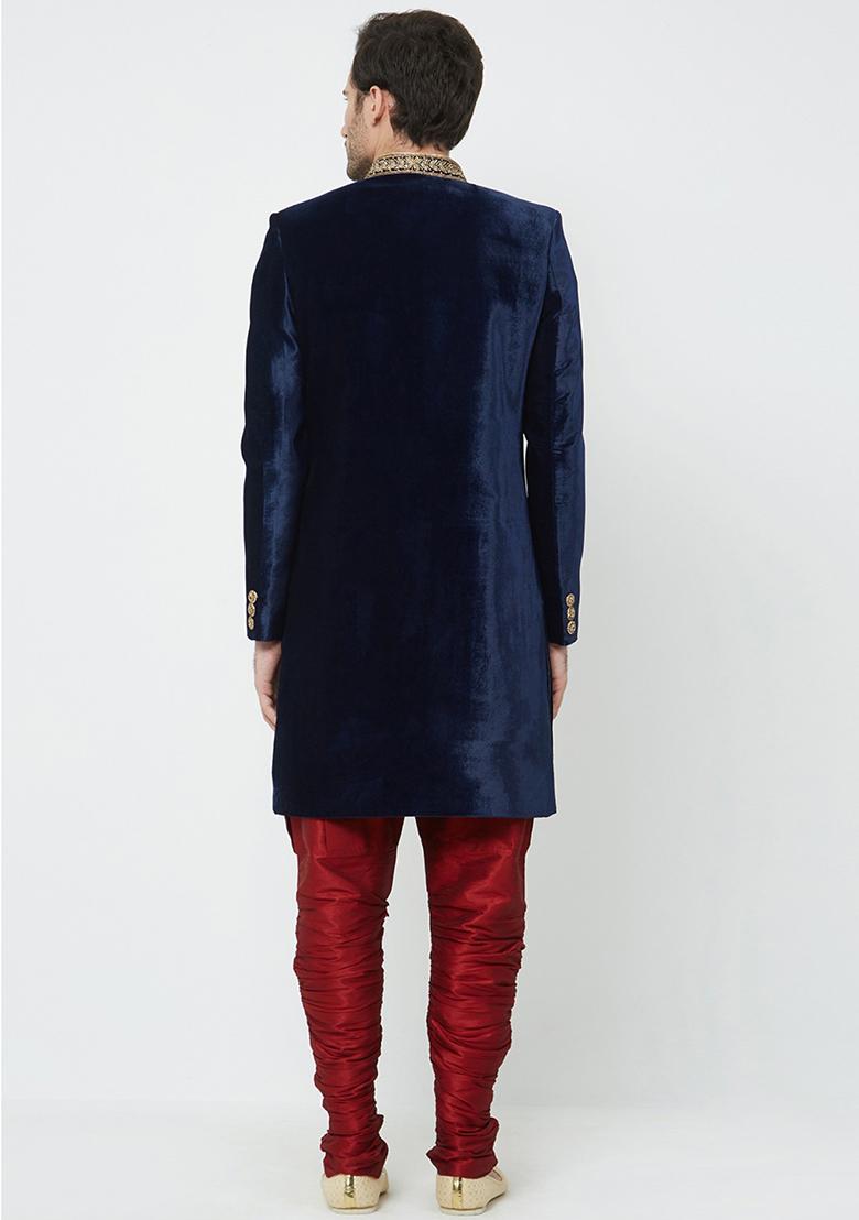 Navy Blue Embroidered Silk Sherwani for Men