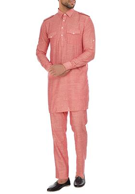 Pink Solid Silk Kurta Set For Men