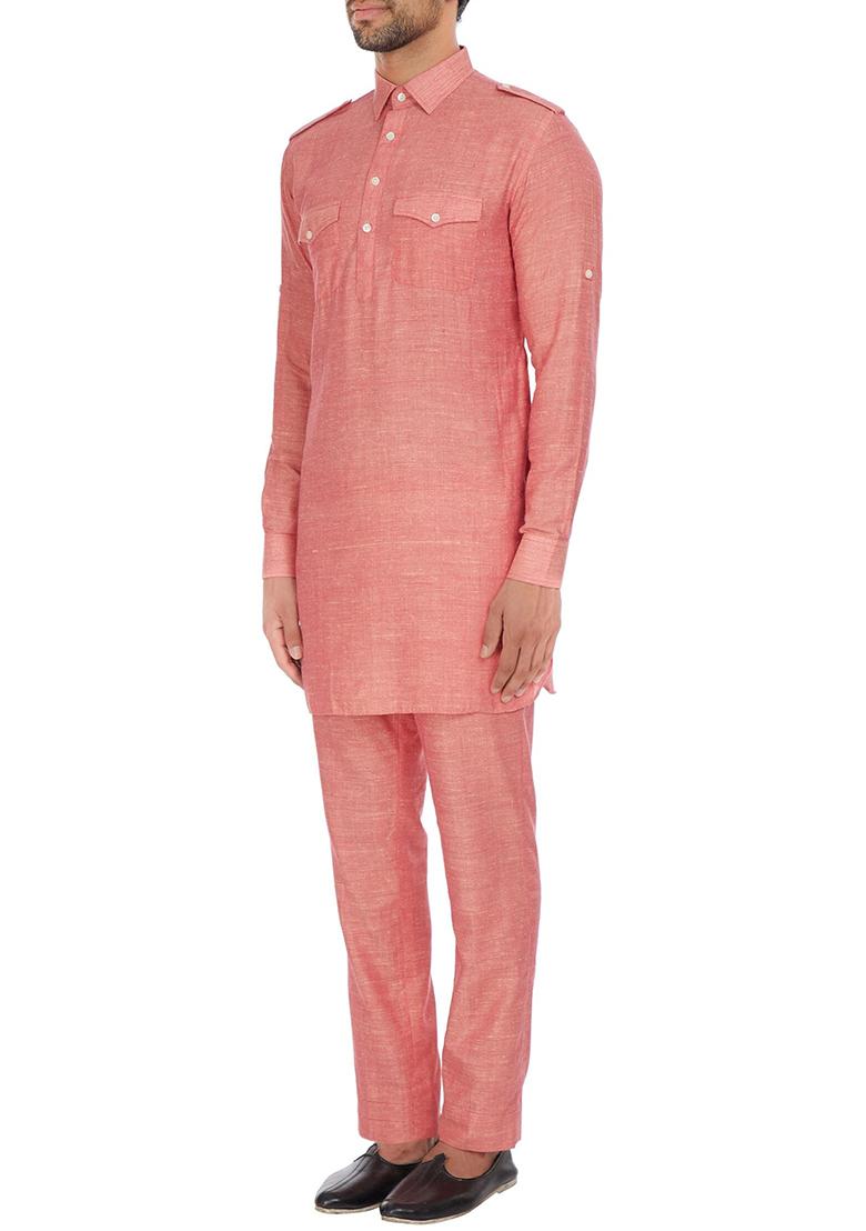 Pink Solid Silk Kurta Set For Men
