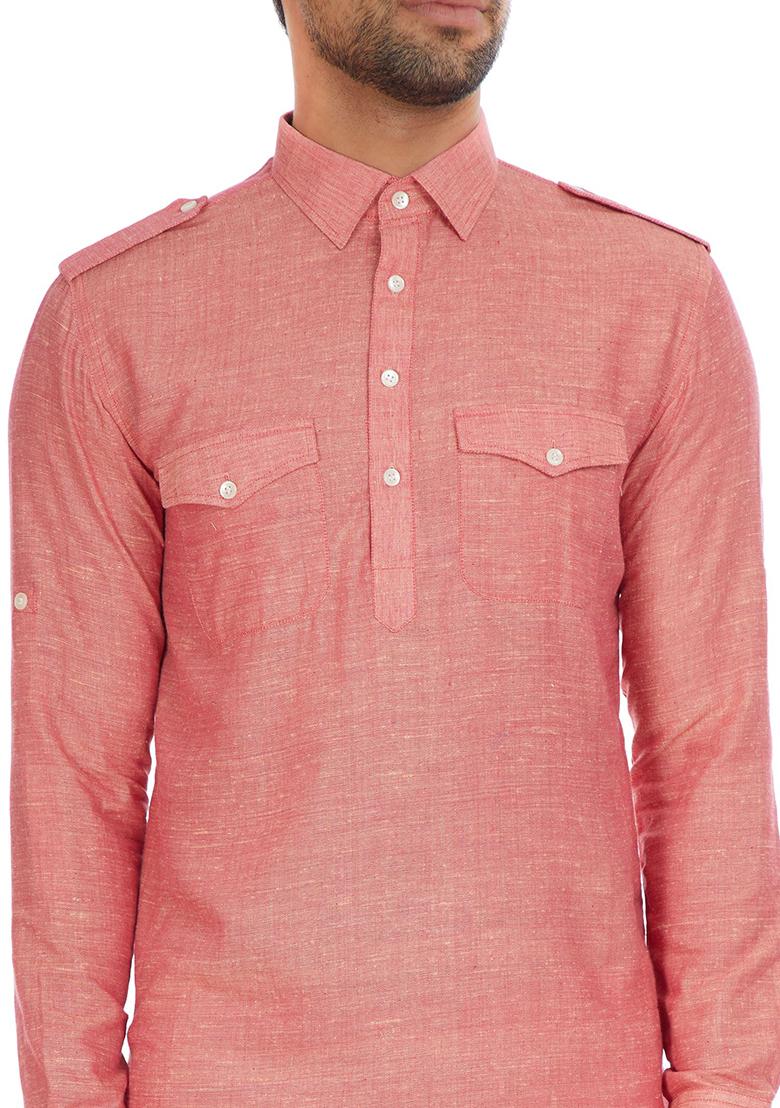 Pink Solid Silk Kurta Set For Men