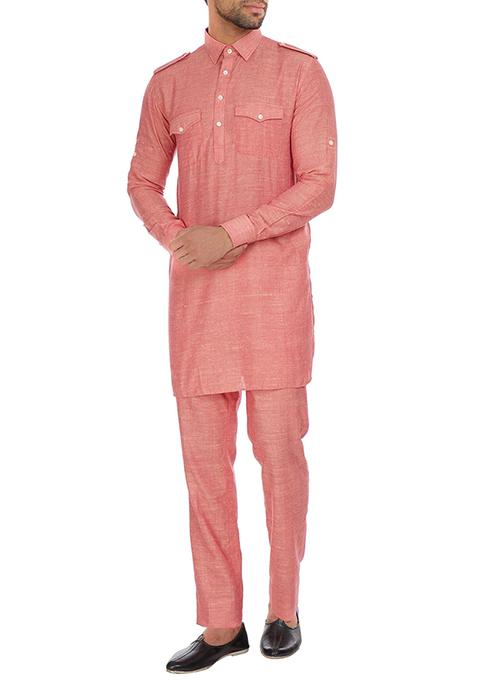 Pink Solid Silk Kurta Set For Men
