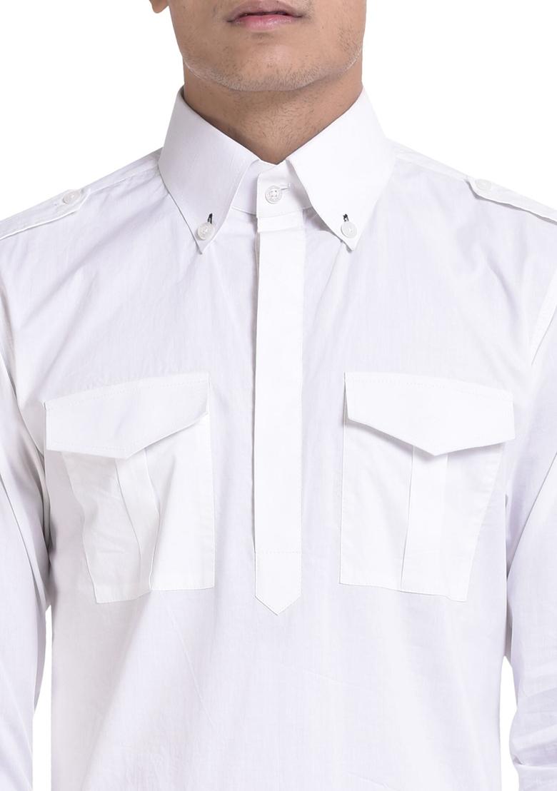 White Embroidered Cotton Kurta Set For Men