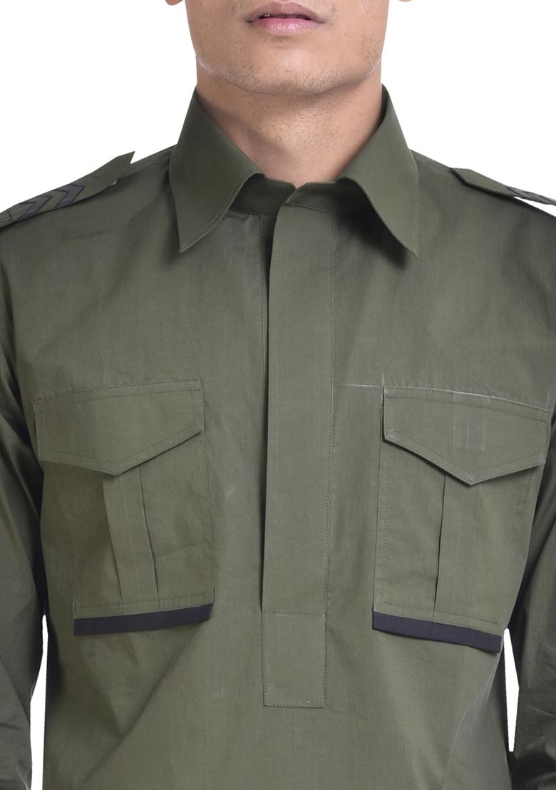 Mehendi Green Embroidered Cotton Kurta Set For Men