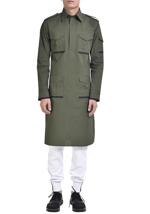 Mehendi Green Embroidered Cotton Kurta Set For Men