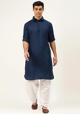 Navy Blue Embroidered Cotton Kurta Set For Men