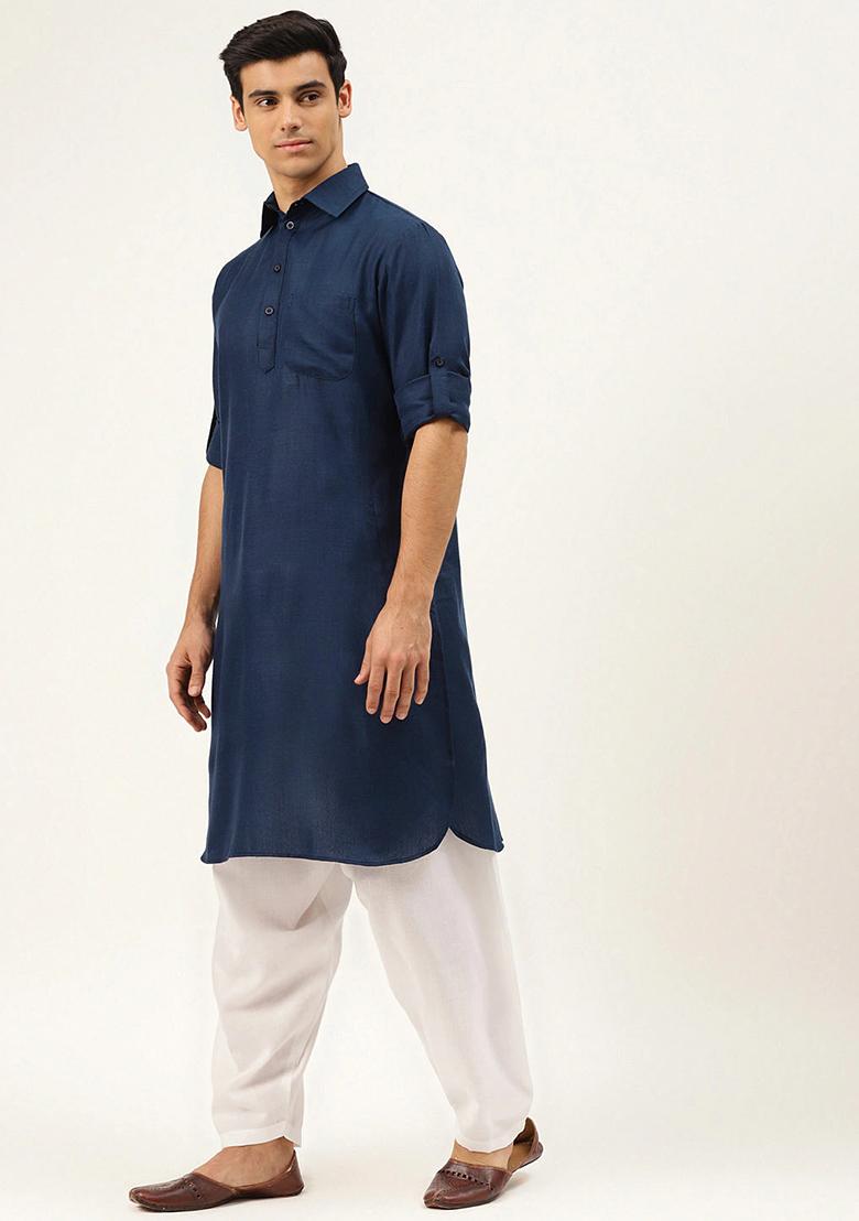 Navy Blue Embroidered Cotton Kurta Set For Men