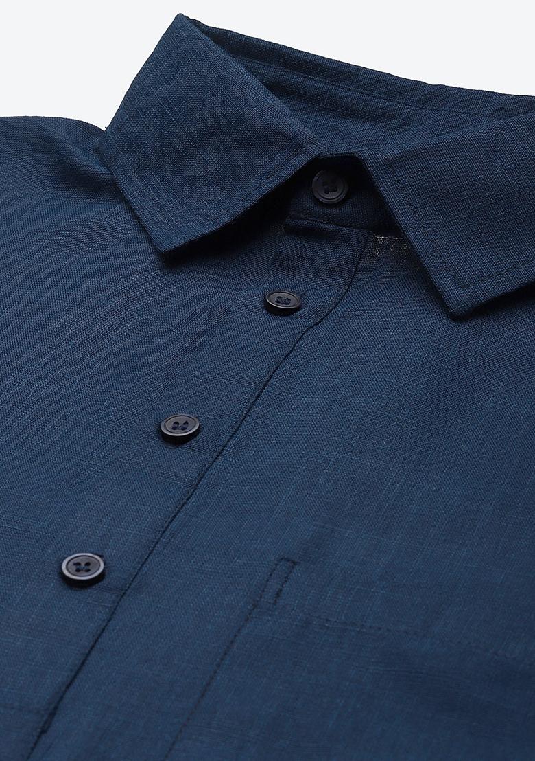 Navy Blue Embroidered Cotton Kurta Set For Men