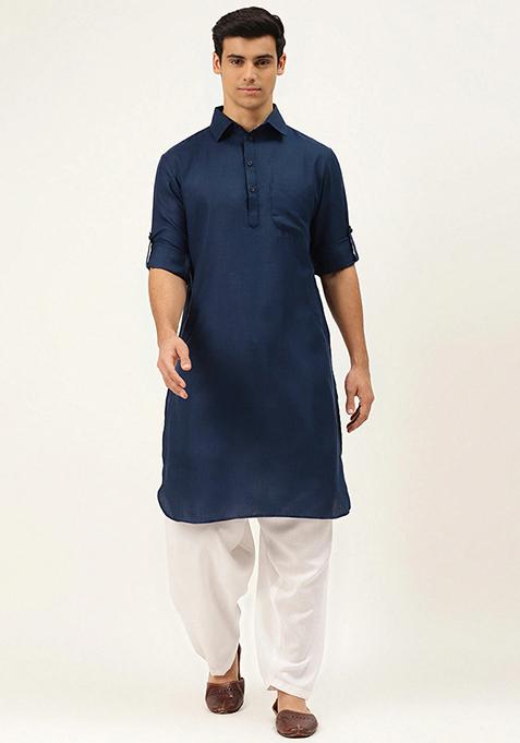 Navy Blue Embroidered Cotton Kurta Set For Men
