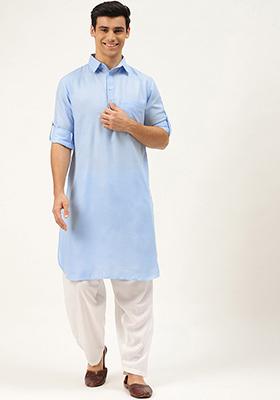 Sky Blue Embroidered Cotton Kurta Set For Men