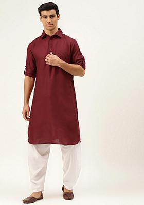 Maroon Embroidered Cotton Kurta Set For Men