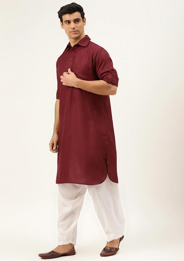 Maroon Embroidered Cotton Kurta Set For Men
