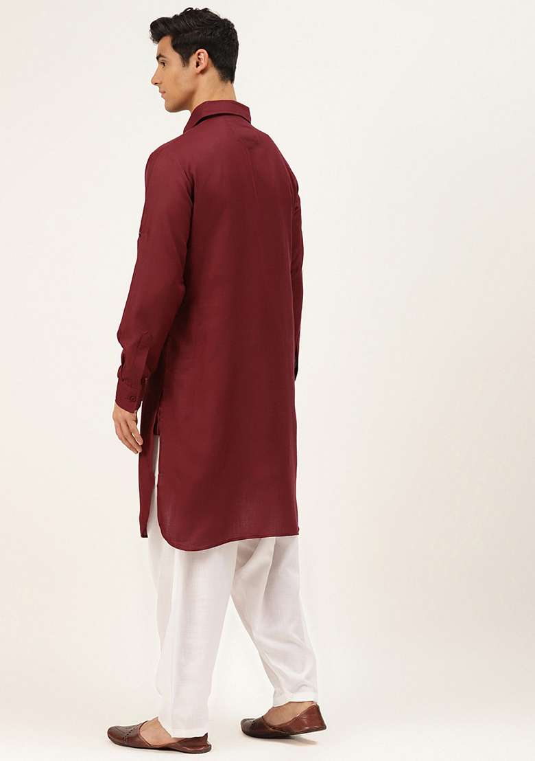 Maroon Embroidered Cotton Kurta Set For Men - Indya