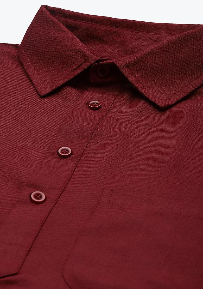 Maroon Embroidered Cotton Kurta Set For Men