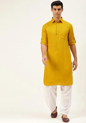 Yellow Embroidered Cotton Kurta Set For Men