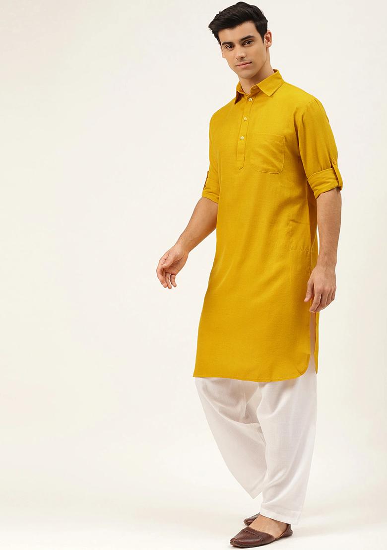 Yellow Embroidered Cotton Kurta Set For Men