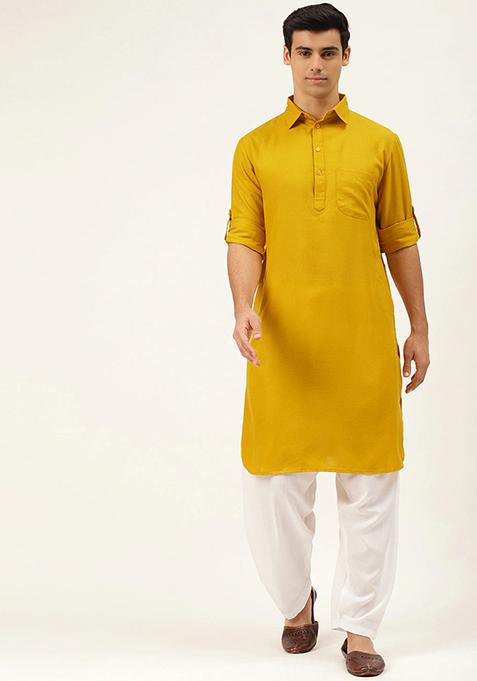 Yellow Embroidered Cotton Kurta Set For Men