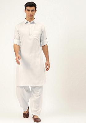 White Embroidered Cotton Kurta Set For Men