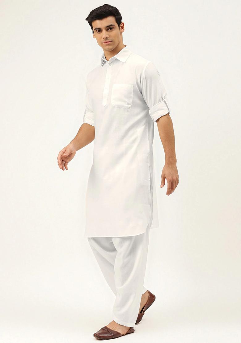 White Embroidered Cotton Kurta Set For Men