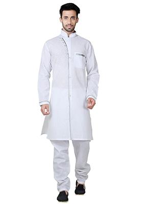 White Embroidered Cotton Kurta Set For Men