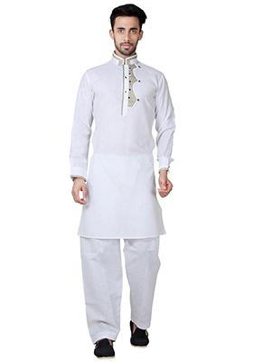 White Embroidered Cotton Kurta Set For Men