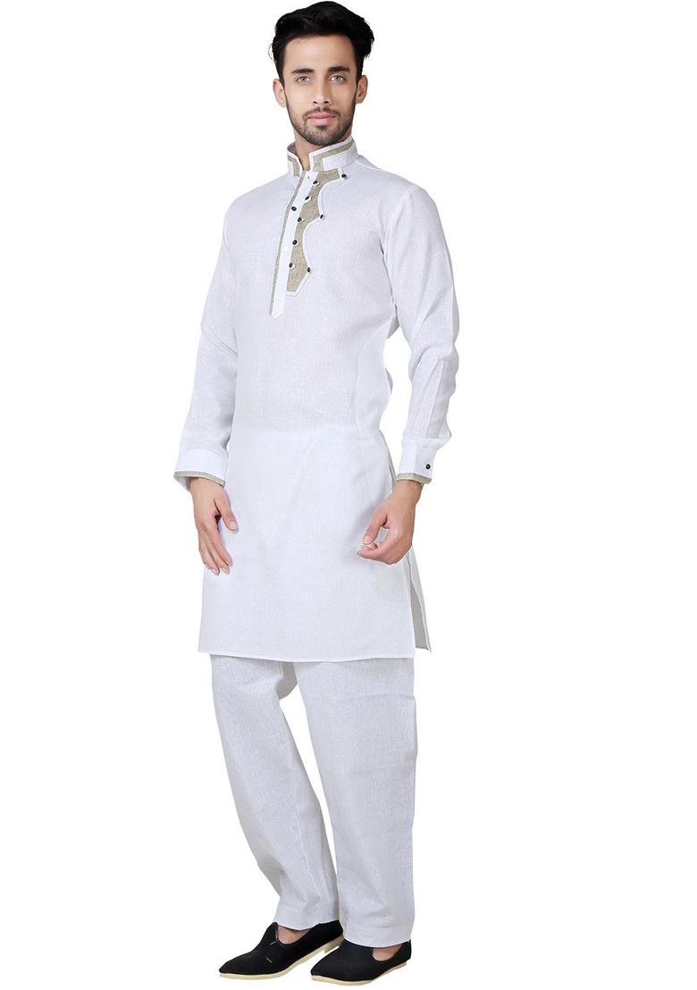 White Embroidered Cotton Kurta Set For Men