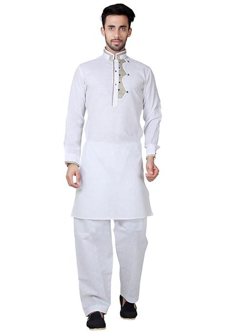 White Embroidered Cotton Kurta Set For Men