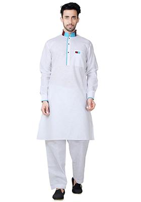 White Embroidered Cotton Kurta Set For Men