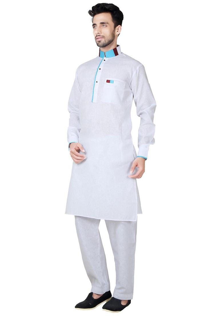 White Embroidered Cotton Kurta Set For Men