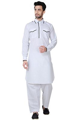 White Embroidered Cotton Kurta Set For Men