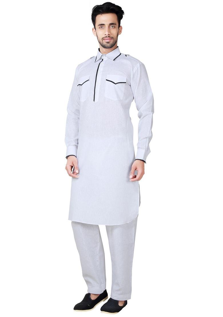 White Embroidered Cotton Kurta Set For Men
