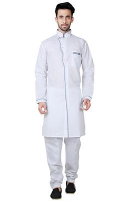 White Embroidered Cotton Kurta Set For Men