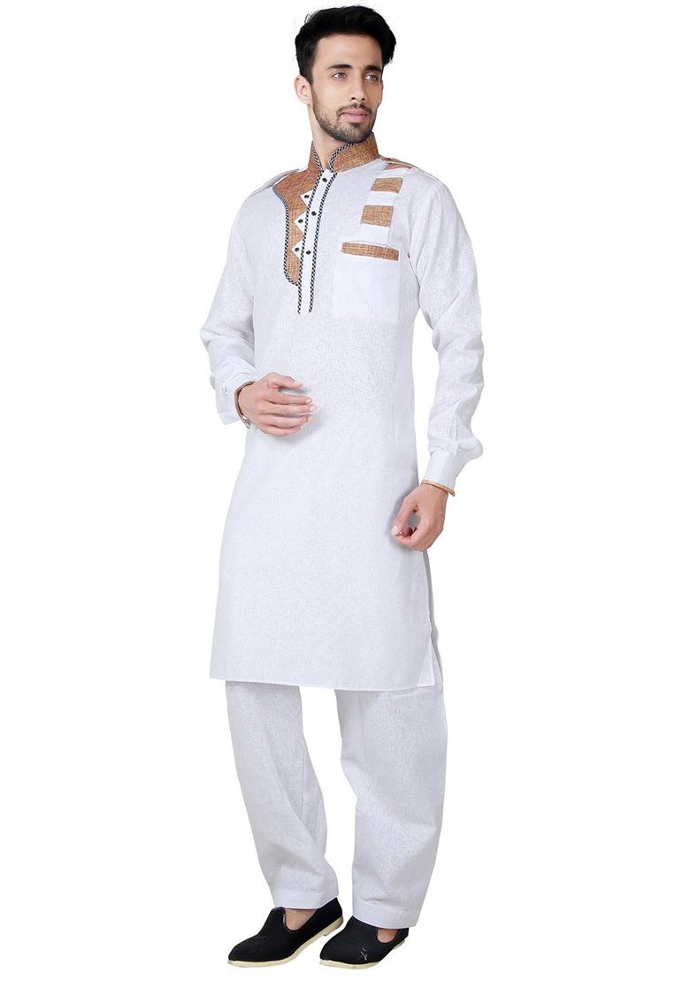 White Embroidered Cotton Kurta Set For Men