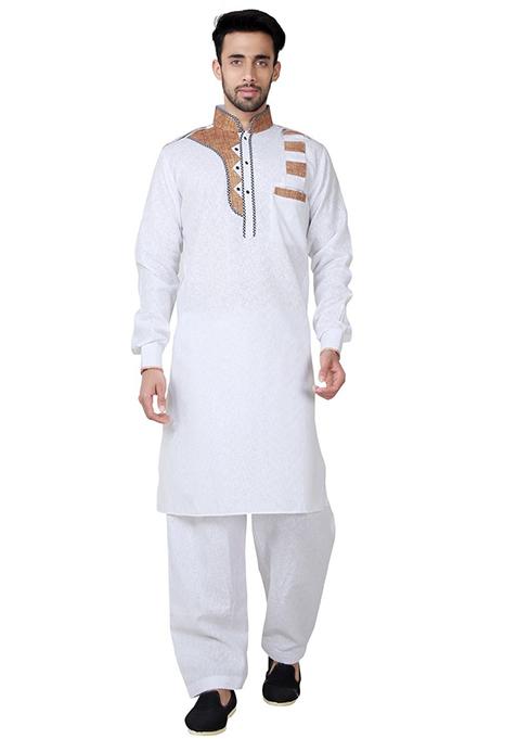 White Embroidered Cotton Kurta Set For Men