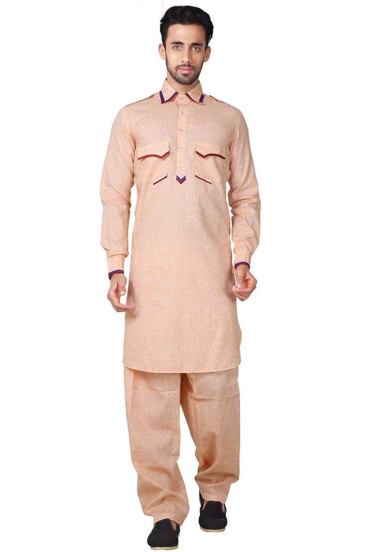 Peach Embroidered Cotton Kurta Set For Men - Indya