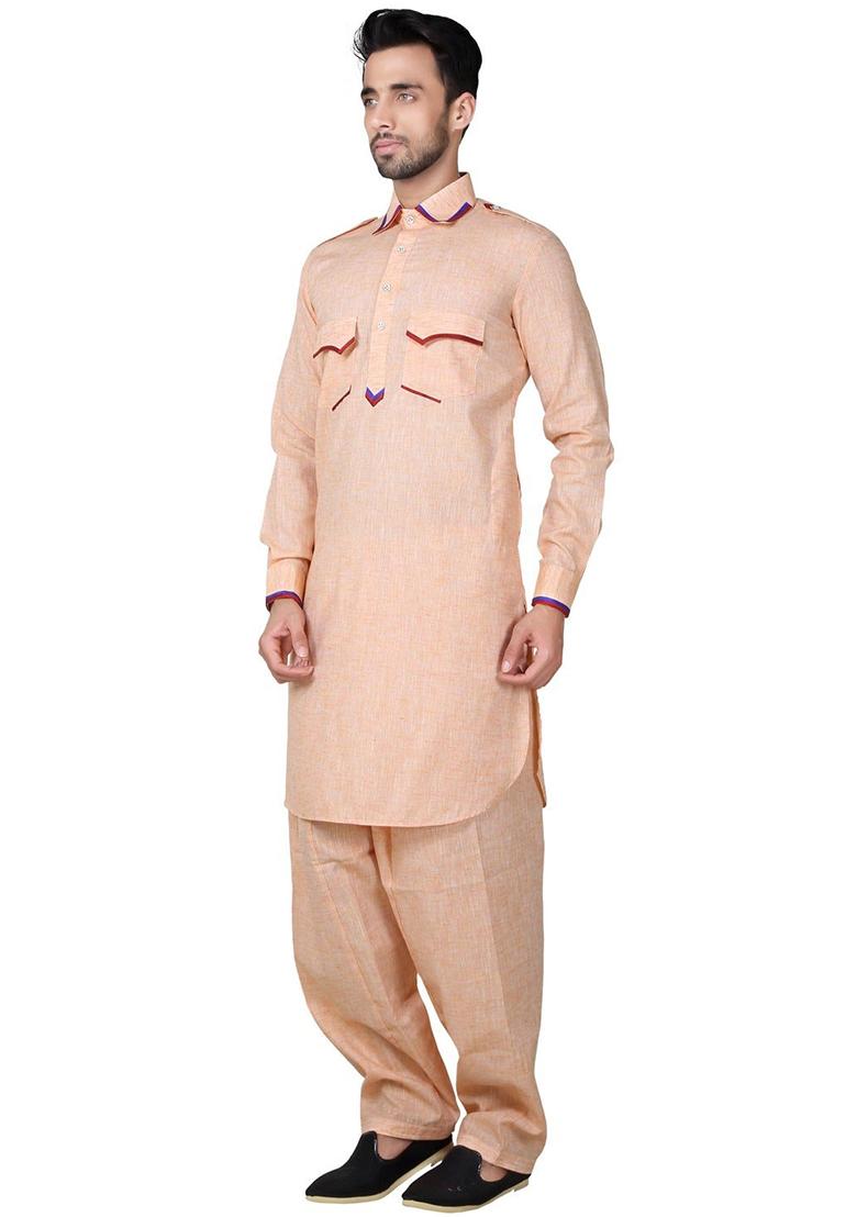 Peach Embroidered Cotton Kurta Set For Men