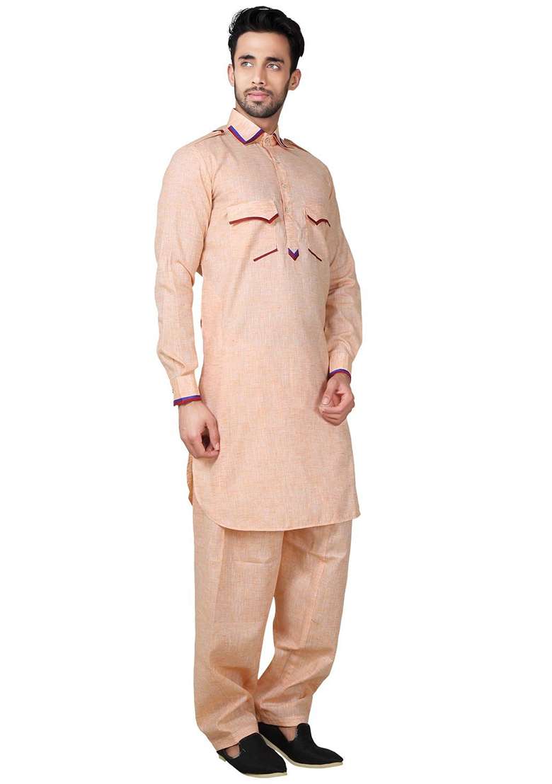 Peach Embroidered Cotton Kurta Set For Men - Indya