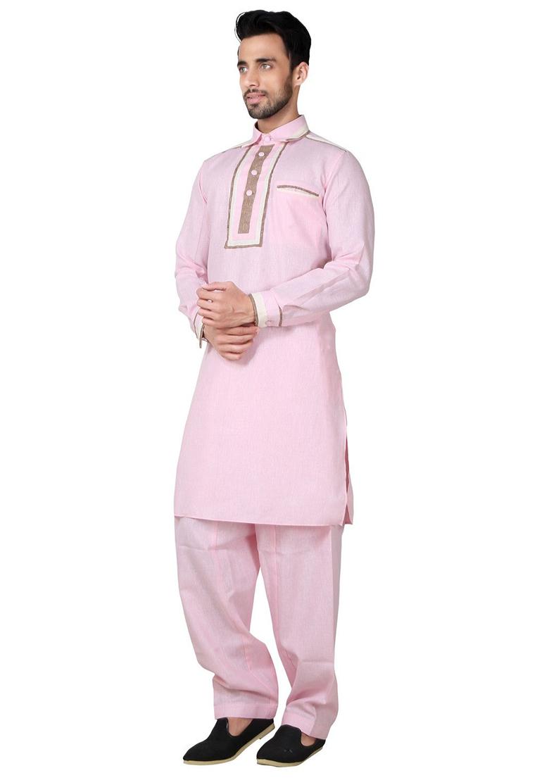 Pink Embroidered Cotton Kurta Set For Men
