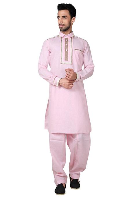Pink Embroidered Cotton Kurta Set For Men
