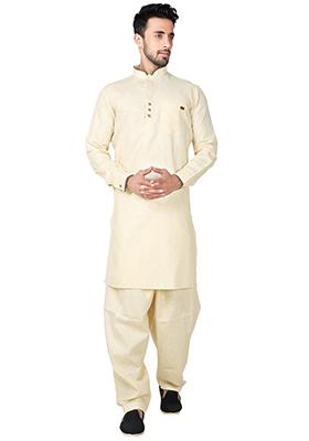 Yellow Embroidered Cotton Kurta Set For Men