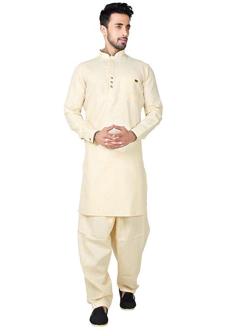 Yellow Embroidered Cotton Kurta Set For Men