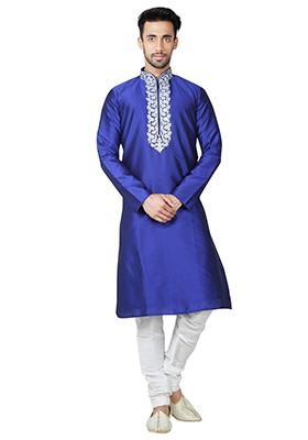 Royal Blue Solid Silk Kurta Set For Men