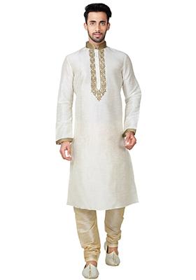 Light Cream Embroidered Silk Kurta Set For Men