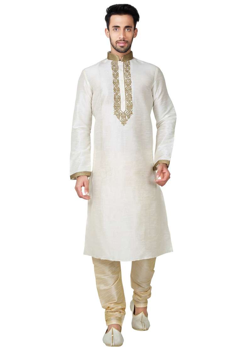Light Cream Embroidered Silk Blend Kurta Set For Men - Indya