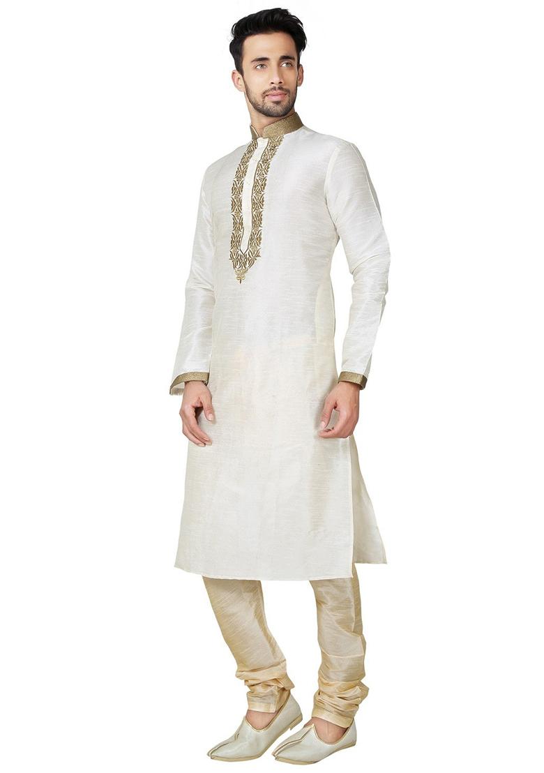 Light Cream Embroidered Silk Kurta Set For Men