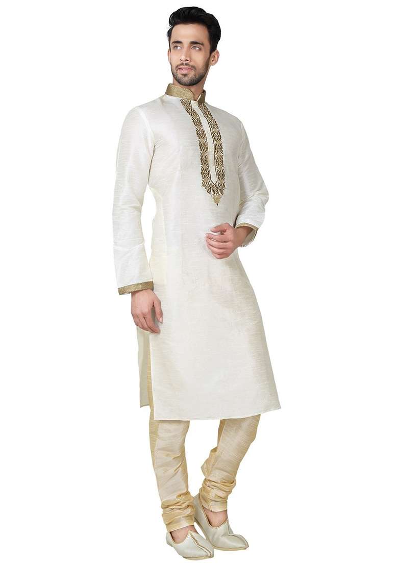 Light Cream Embroidered Silk Blend Kurta Set For Men - Indya
