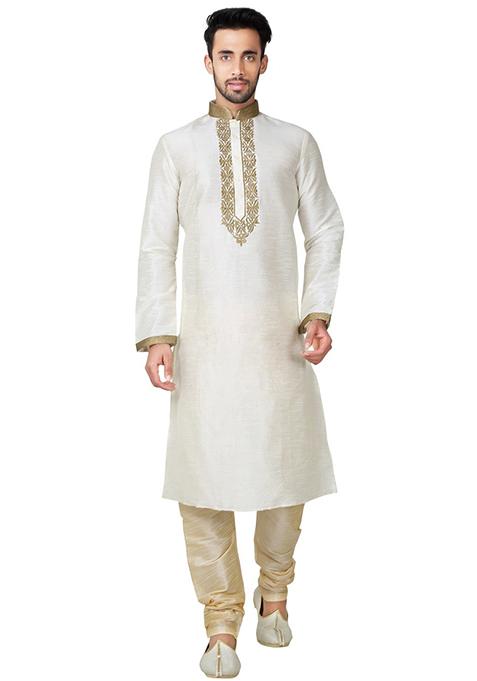 Light Cream Embroidered Silk Kurta Set For Men
