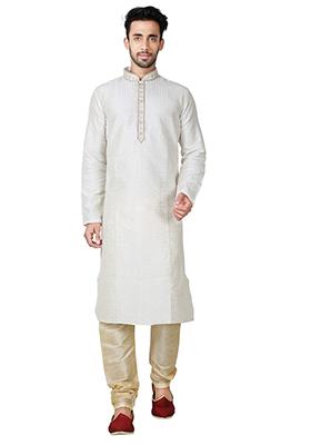 Light Cream Embroidered Silk Kurta Set For Men