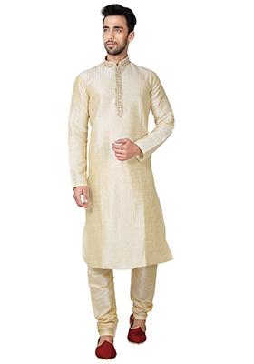 Fawn Yellow Embroidered Silk Kurta Set For Men