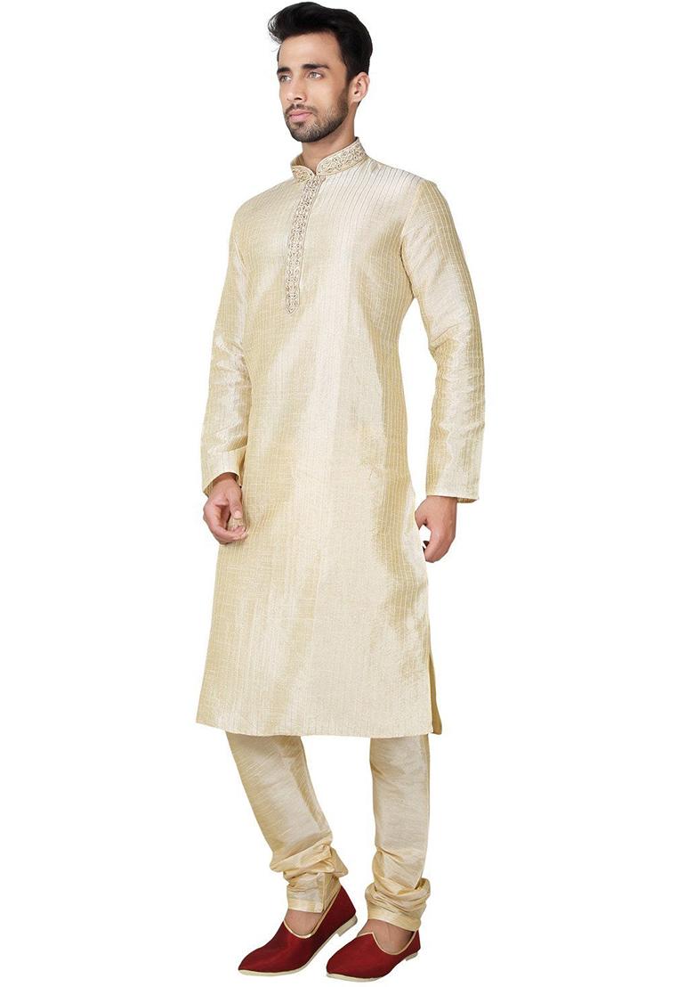 Fawn Yellow Embroidered Silk Kurta Set For Men